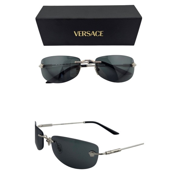 Versace Accessories - Versace Mod 2275 Rimless Sunglasses Silver Medusa Dark Grey Lens Italy Authentic